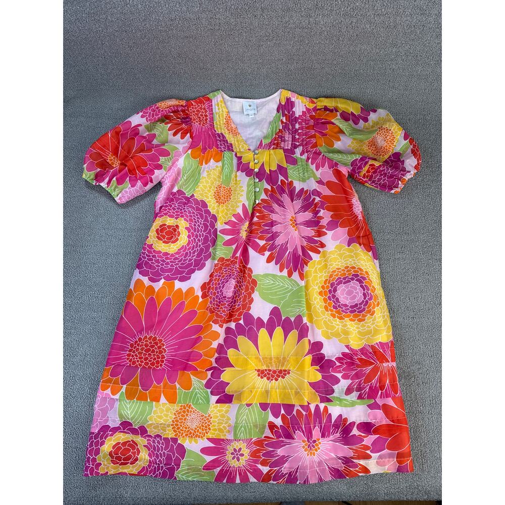J. Marie Dress A Line Mini Vibrant Floral Retro Puff Sleeve Spring Summer Small‎